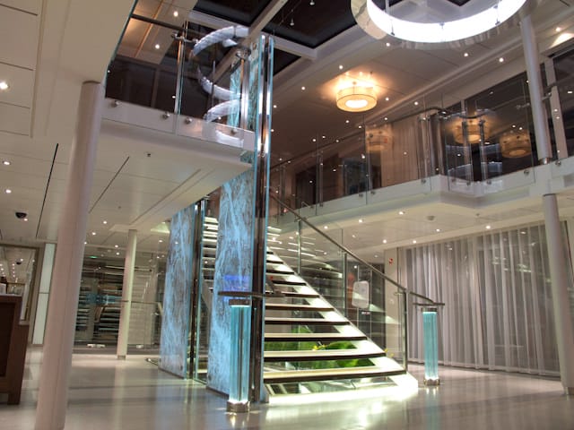 The Reception Atrium aboard the beautiful Viking Odin, the first of Viking's new Longship-class of River Cruise Ships. Photo © 2012 Aaron Saunders