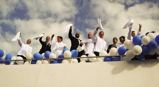 The crew of Avalon Vista celebrates Crew of river ship Avalon Vista celebraates christening