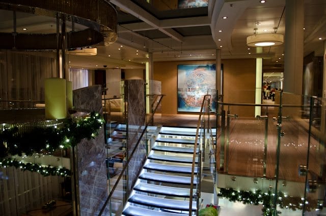 The spacious reception lobby, as seen from its second floor, aboard Viking Freya. Photo © 2012 Aaron Saunders