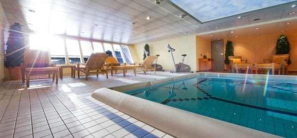 The MS Mozart has it's own full-sized, forward-facing swimming pool; an unusual amenity aboard a river cruise ship. Photo courtesy of Dertour.