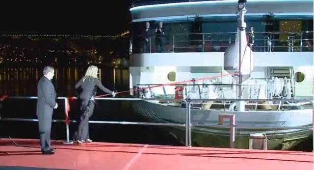 Actress Sharon Stone officially christens AmaWaterways' new AmaVida in Porto, Portugal on March 22, 2013. Photo courtesy of AmaWaterways.