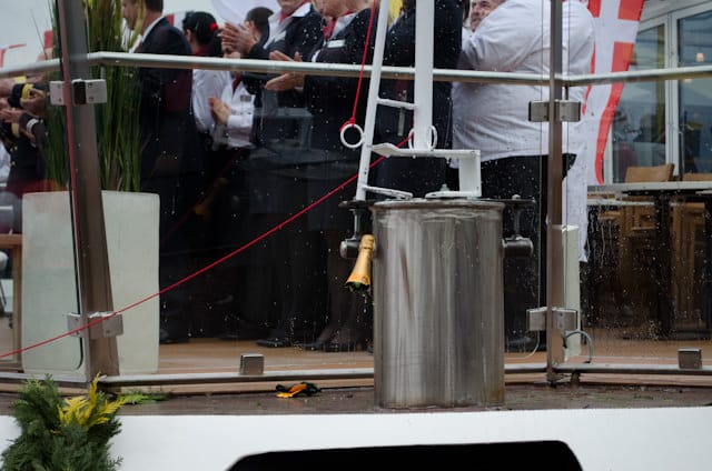 The remains of a good bottle of Veuve Cliquot on Viking Skadi's bow. Photo © 2013 Aaron Saunders