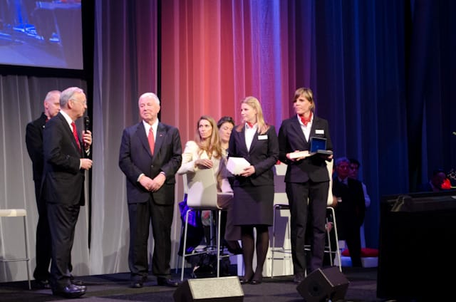Meyer Werft chairman Bernard Meyer gives his heartelt words to Torstein Hagen. Photo © 2013 Aaron Saunders