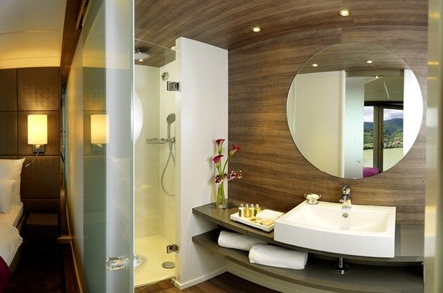 Bathrooms, like this one in one of the suites aboard Amadeus Silver, have been designed with form and functionality in mind. Photo courtesy of Amadeus Cruises