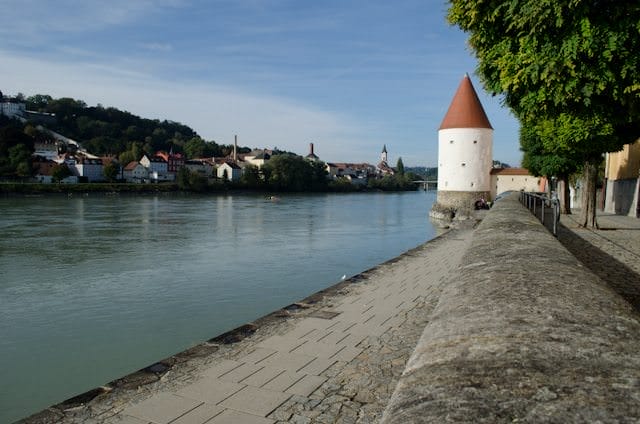 Passau's riverfront promenade last fall. Water has now nearly covered the structure in the distance. Photo © Aaron Saunders