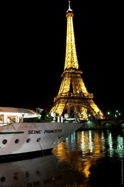 Seine Princess docked in Paris, within sight of the Eiffel Tower. Photo courtesy of CroisiEurope.