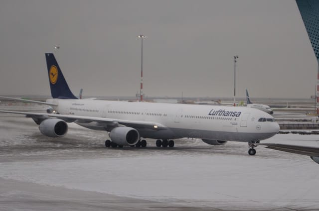 Brrr! My Lufthansa A340-600 aircraft, registration D-AIhB, arrives in a wintery YVR. Photo © 2013 Aaron Saunders