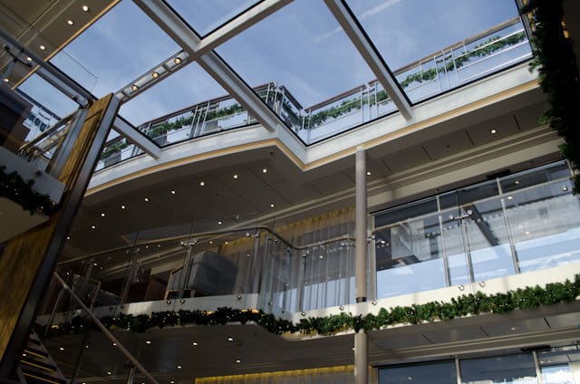 Unusually brilliant sun illuminates the atrium skylight aboard Viking Baldur. Photo © 2013 Aaron Saunders