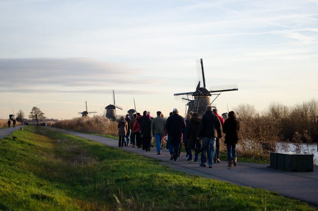 Guests from Viking Baldur stroll towards the windmills of Kinderdijk on their guided tours in the late afternoon. Photo © 2013 Aaron Saunders