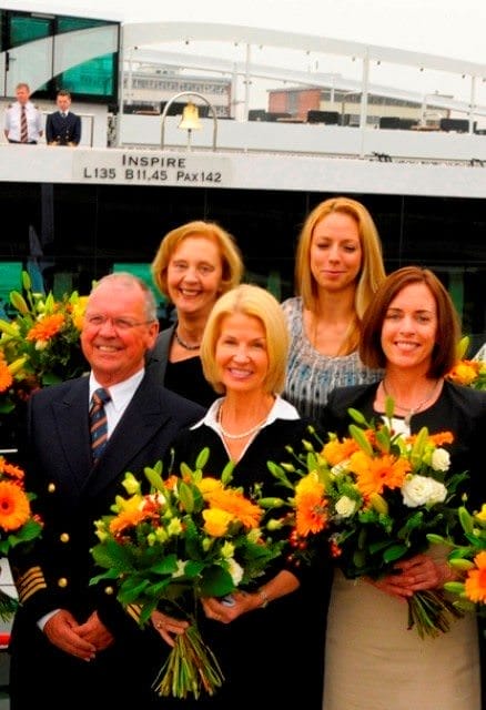 Godmothers of the new ms Inspire, alongside Captain Hendrik Liemberg: Bridget Ashton, Lynn Hardcastle, Eszter Pusztai and Mary Pierik. Photo courtesy of Tauck.