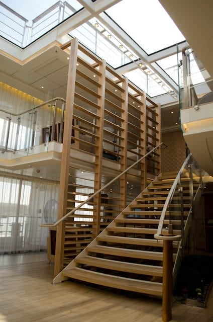 Successive Viking Longships have featured subtle tweaks and modifications to their interior decor. Pictured here is the atrium aboard Viking Forseti, with its unique slatted wooden accents. Photo © Aaron Saunders