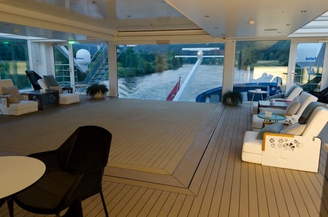 A Closer Look At Emerald Cruises 4 Emerald Star's Swimming Pool / Cinema. Note the telescoping floor partition that covers the pool in this photo. Photo © 2014 Aaron Saunders