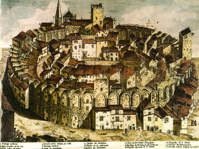 Arles amphitheater in the 18th century before the houses were cleared. photo courtesy of Wikipedia