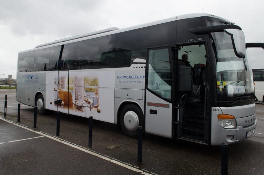 Boarding our Uniworld-branded coach for a private visit to the Anne Frank House in Amsterdam today. Photo © 2015 Aaron Saunders