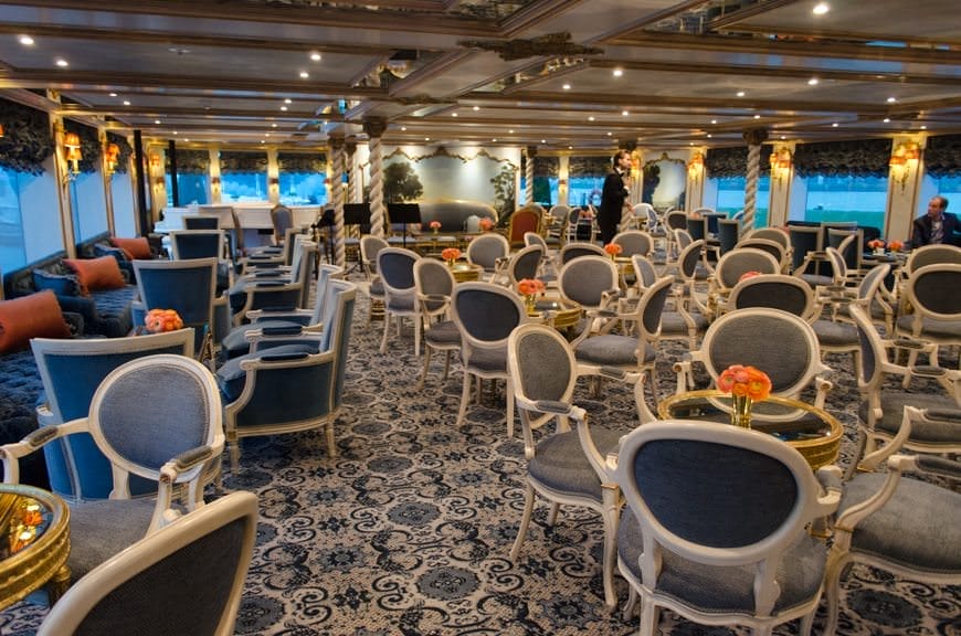 The Habsburg Salon is the S.S. Maria Theresa's main gathering spot, located all the way forward on Habsburg Deck. Photo © 2015 Aaron Saunders