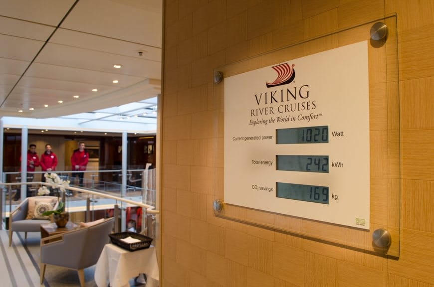 The Viking Longships are also energy-efficient. The energy useage plaque has been moved from a hidden spot on the Deck 3 corridor to a new, more prominent home on the starboard entrance to the Viking Lounge. Photo © 2015 Aaron Saunders