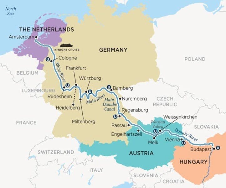 My journey aboard Uniworld's S.S. Maria Theresa winds its way through some of the most popular ports on the Rhine, Main and Danube Rivers. Illustration courtesy of Uniworld Boutique River Cruise Collection
