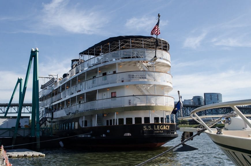 First Sighting: the stern of Un-Cruise Adventures' S.S. Legacy in Portland, Oregon. Photo © 2015 Aaron Saunders