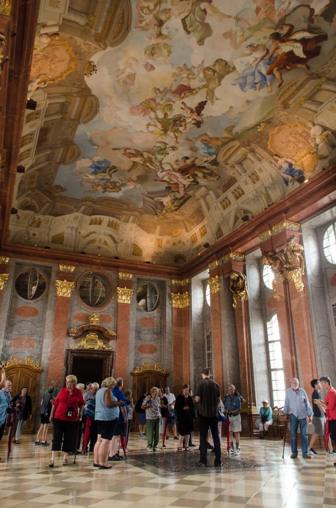 Melk Abbey's baroque opulence. The ceiling isn't really curved, though. Like so much of Melk Abbey, a trompe l'oeil, or illusion, has been employed. Photo ©  2015 Aaron Saunders