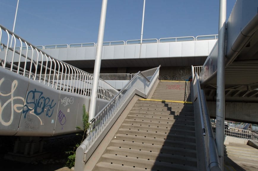Here's how to get to the U-Bahn from most docking locations: go up onto the pedestrian deck of the bridge...Photo © 2015 Aaron Saunders