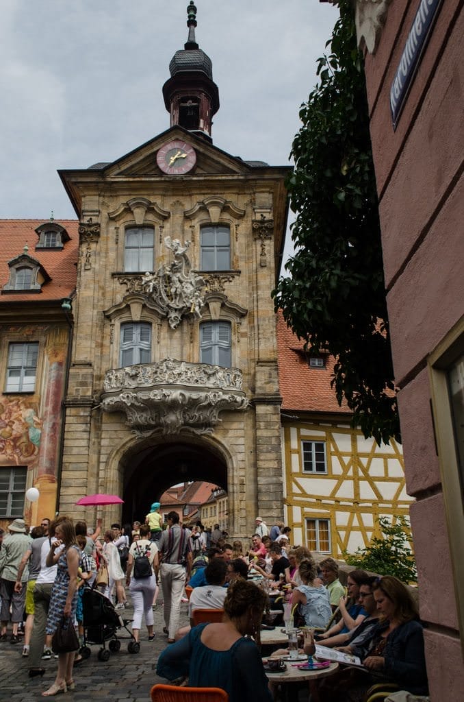 Bamburg's gorgeous Rathaus, or City Hall, on a very busy July afternoon. Photo ©  2015 Aaron Saunders