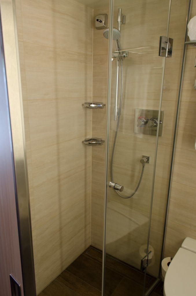 The shower features a two-partition glass door system and an adjustable, removable, showerhead. Photo ©  2015 Aaron Saunders