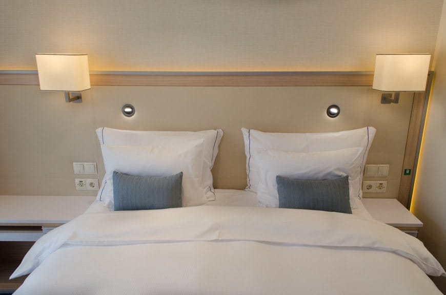 Let's not forget the bed: the most important part of the room. Note the soothing Scandinavian-inspired decor that would go on to provide the basis for Viking Cruises' first oceangoing passenger ship, Viking Star. Photo ©  2015 Aaron Saunders