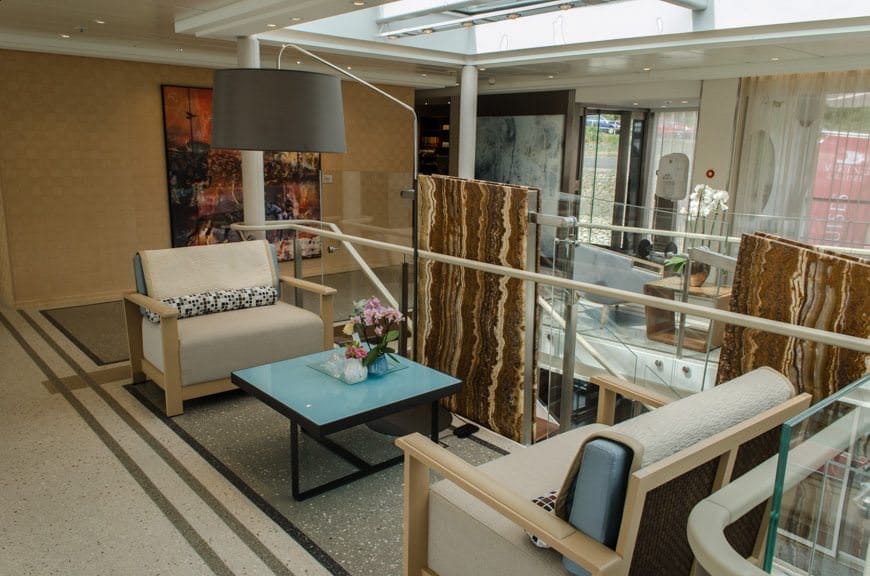 Like Viking's other Longships, plenty of cozy seating areas are available clustered around the Deck 2 and Deck 3 levels of the atrium. Photo ©  2015 Aaron Saunders