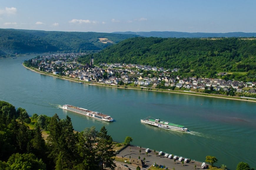 The view from Marksburg Castle: a Viking Longship and a local riverboat pass each other on the Rhine. Photo © 2015 Aaron Saunders
