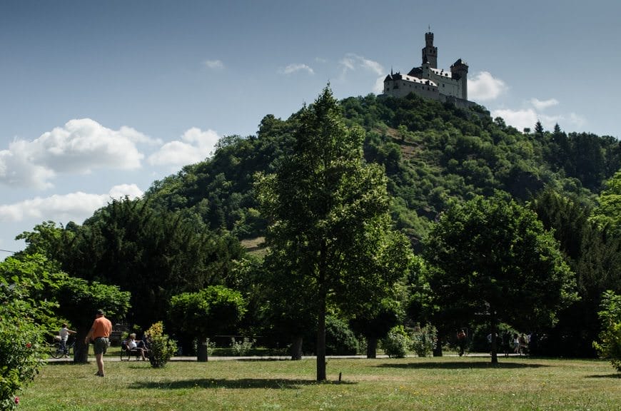 Marksburg Castle, as seen from a different vantage point later on in the day. The castle was one of the few that was never sacked or bombed. Photo © 2015 Aaron Saunders