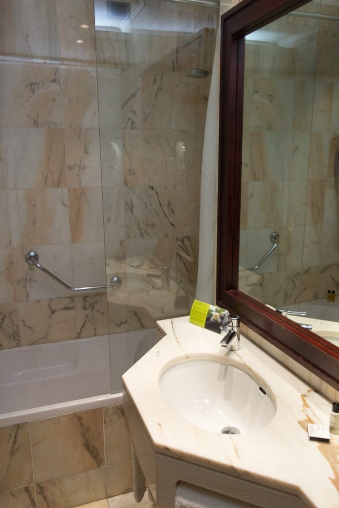 The bathroom is small but functional. In other words: typically European. Photo © 2015 Aaron Saunders