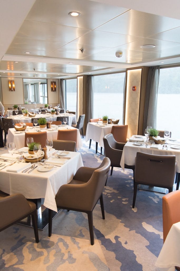 Viking Torgil's attractive Main Restaurant, Deck 2. Photo © 2015 Aaron Saunders