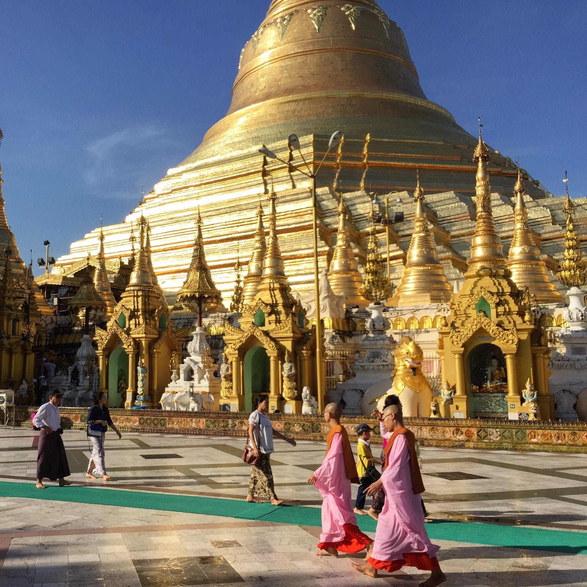 Burmese Buddhist men are required to become a monk at some point in their life (even if only for a week), as a right of passage. Burmese Buddhist women do not have that requirement. Men wear maroon colored robes, women where pink, as seen here. (c) 2015 Gail Jessen