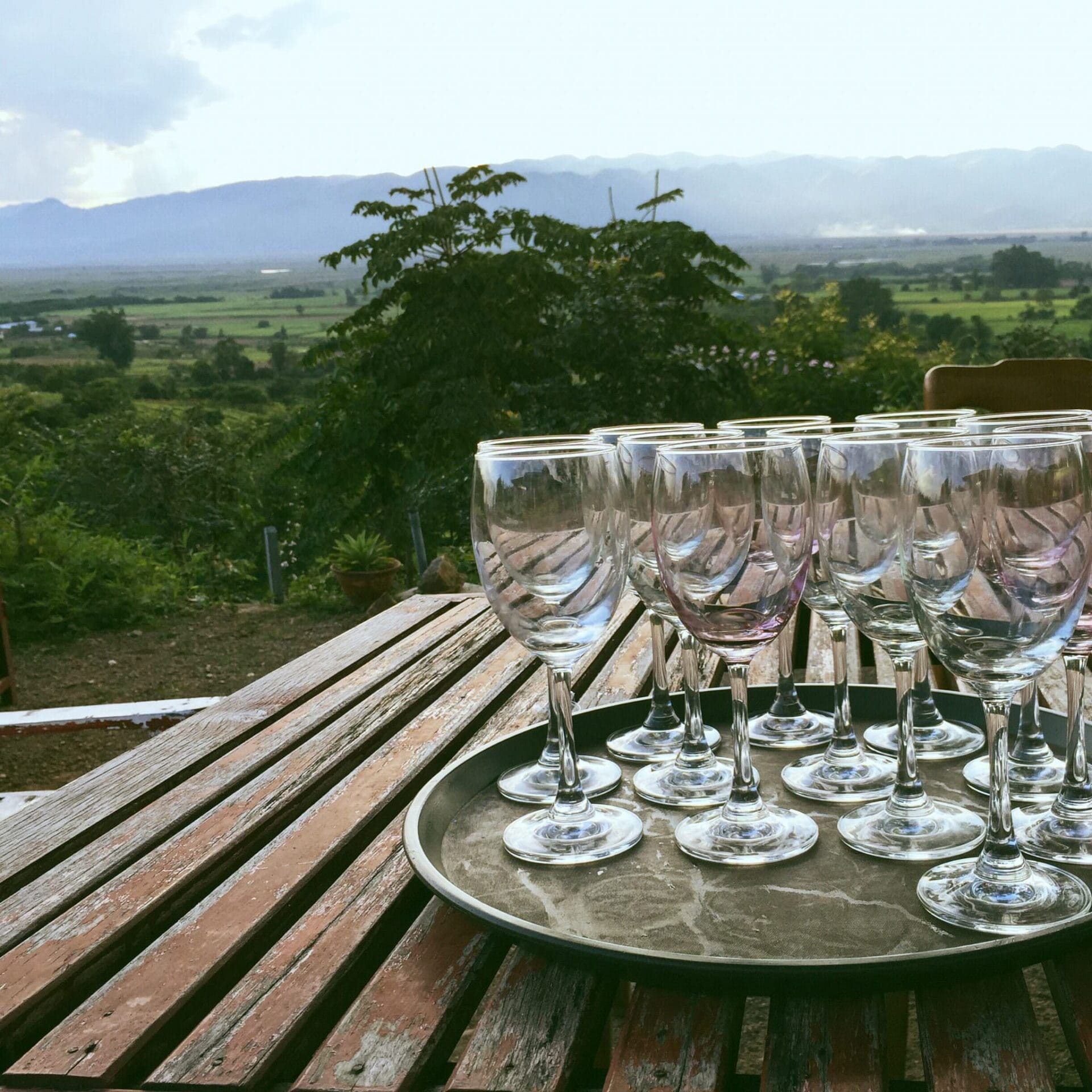 We were treated to a tasting menu that left tables full of empty glasses and sent happy tourists walking carefully up the hill to the bus. (c) 2015 Gail Jessen