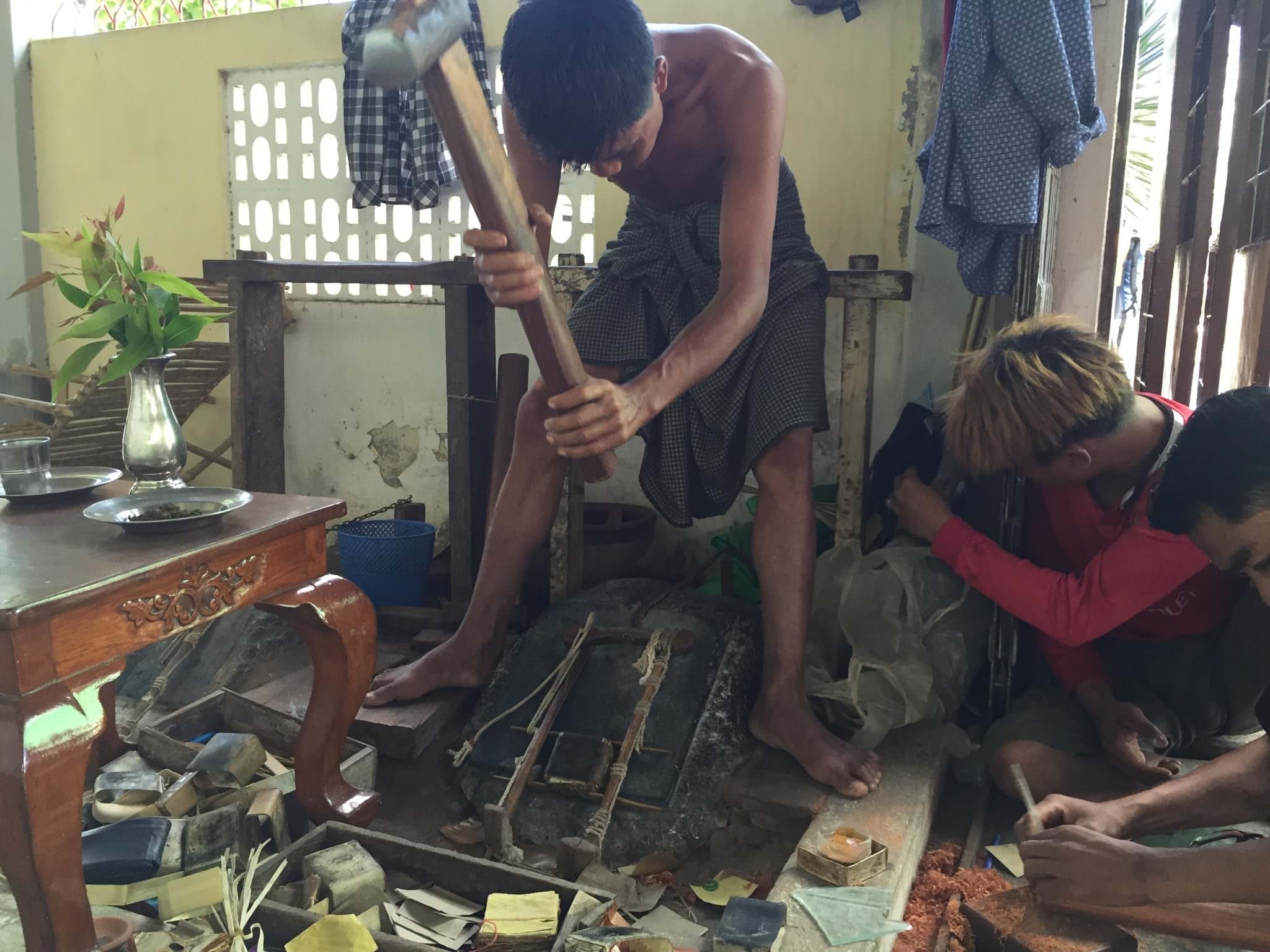 The animal hide square is then pounded for 30 minutes straight, flattening the gold into unbelievably fine sheets. © 2015 Gail Jessen