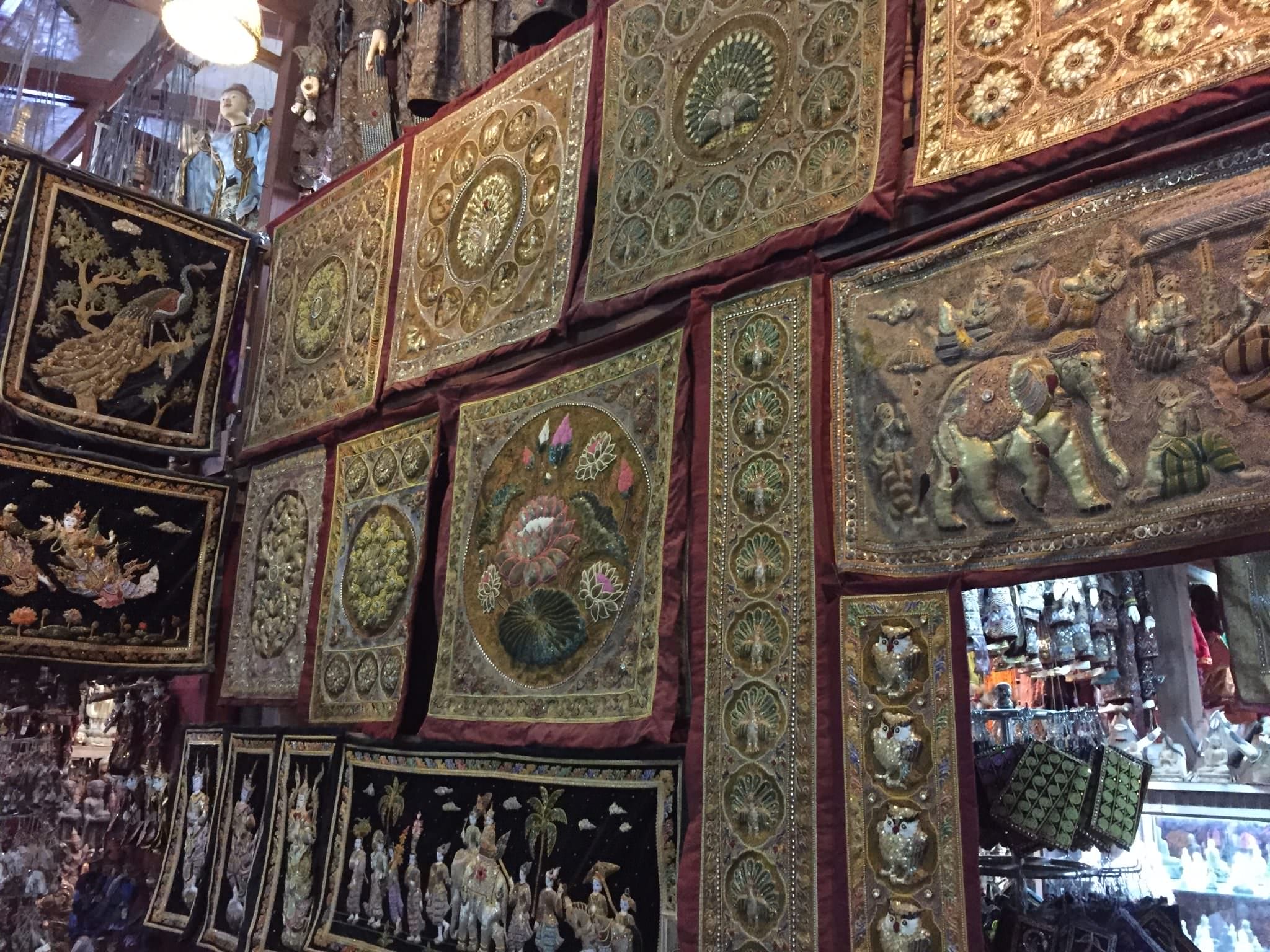 Kalagas galore! Traditionally, they hang on the wall of Burmese family homes, often as headboards for a bed. © 2015 Gail Jessen