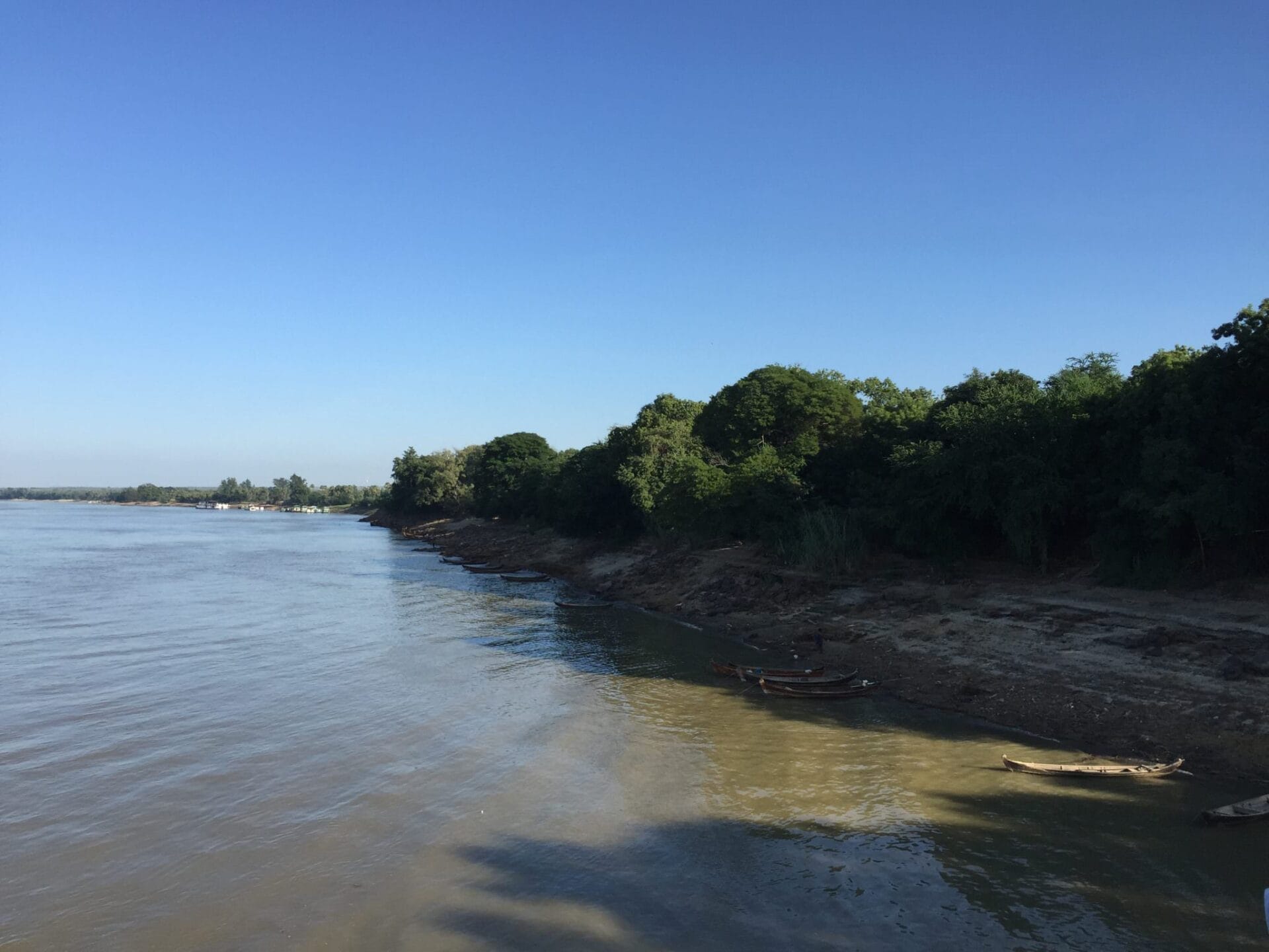 The Viking Mandalay skillfully navigated the Irrawaddy sandbars and the crew made safe embarkation docks from ramps and railings kept on board. © 2015 Gail Jessen