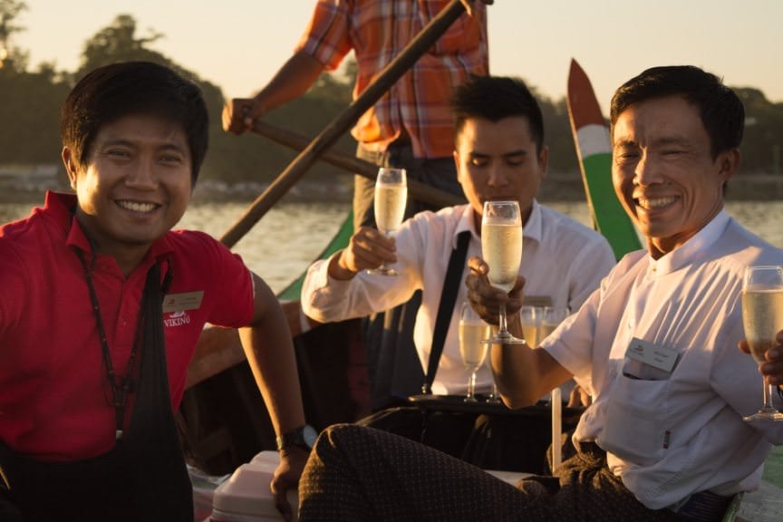 Viking Program Director Andrew and Viking Mandalay's Bar Staff had champagne ready for us! Photo © 2015 Aaron Saunders