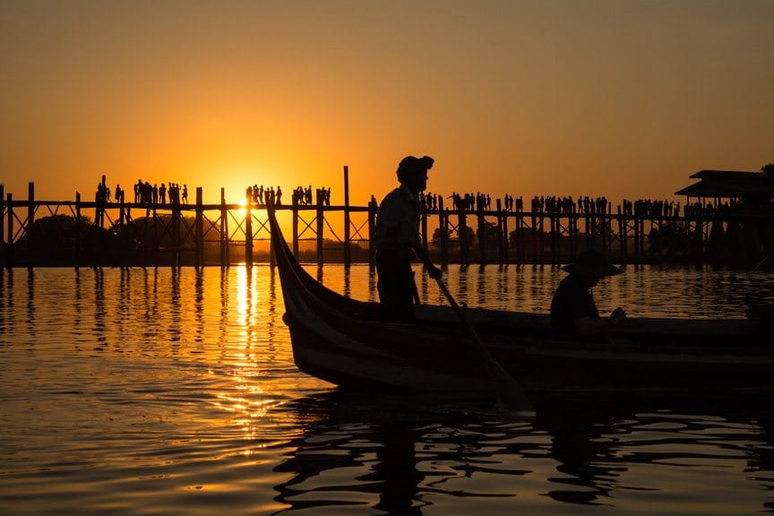 Sunset tonight over Amarapura's U Bein Bridge; the longest teak bridge in the world. Photo © 2015 Aaron Saunders