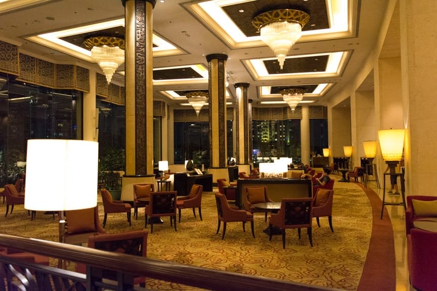 The elegant Lobby Bar features overheight glass windows and a decent cocktail list. Photo © 2015 Aaron Saunders