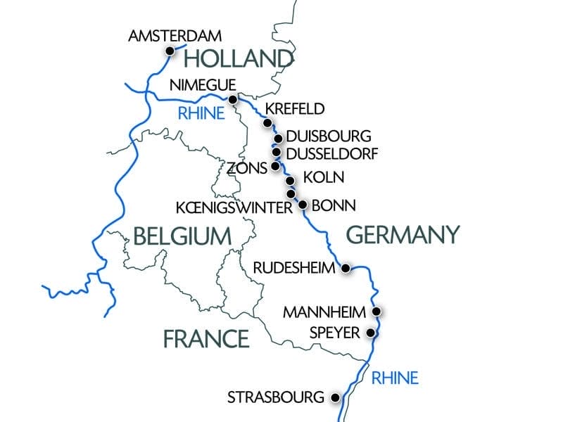 CroisiEurope's "Holland and the Romantic Rhine" itinerary includes a number of off-the-beaten-path ports of call. Illustration courtesy of CroisiEurope