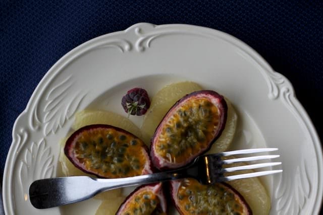 Updating my French Country Waterways Live Voyage Report brought back good memories, including the dining experience. Here, Passion Fruit, raspberries and grapefruit slices to accompany the cheese platter. © Ralph Grizzle