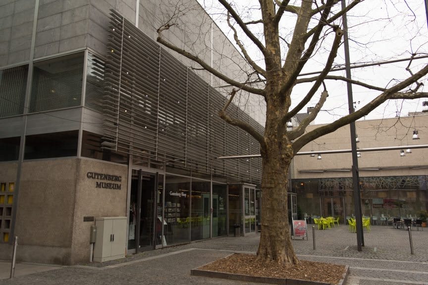 The Gutenberg Museum, on the left, houses the world's first moveable-type printing press. Photo © 2016 Aaron Saunders