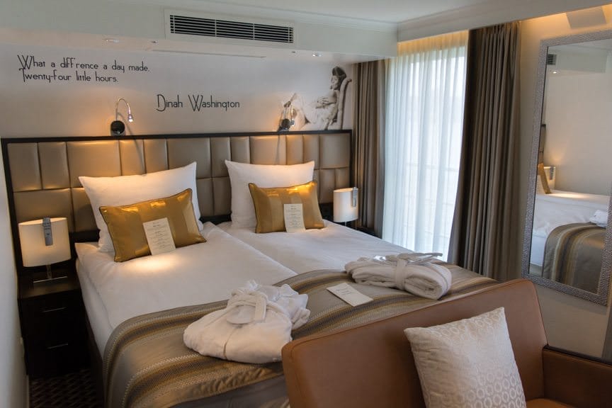 Each of River Voyager's Deluxe Suites are named after a jazz great. Shown here is suite 411: the Dinah Washington suite. Photo © 2016 Aaron Saunders