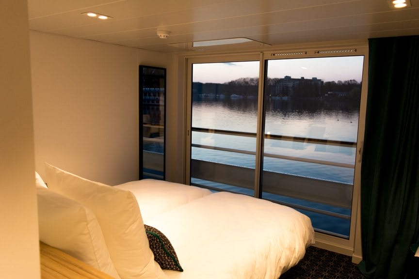 One of Elbe Princesse's French Balcony Staterooms, at dusk. Photo ©  2016 Aaron Saunders