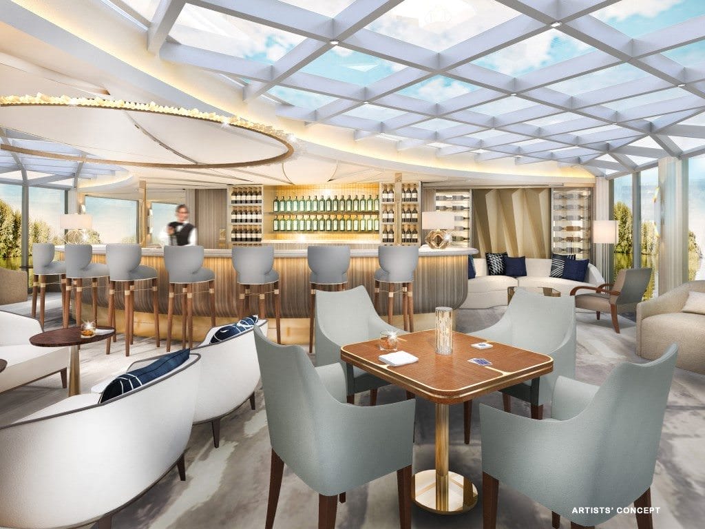 Crystal intends to raise the river cruise experience with luxurious and creative public spaces like the Palm Court. Rendering courtesy of Crystal River Cruises.