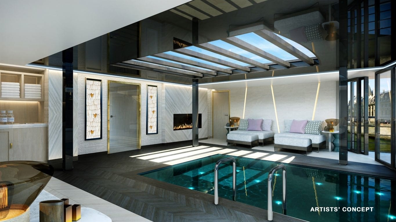 Onboard pool, Crystal Mahler & Crystal Bach. Rendering courtesy of Crystal River Cruises.