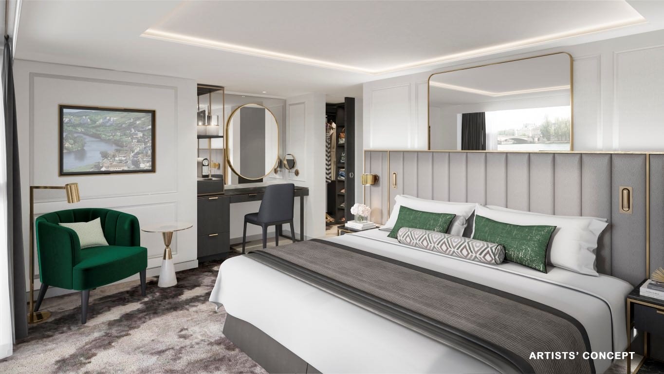 Crystal's new river cruise ships will feature all-suite accommodations situated above the waterline. Rendering courtesy of Crystal River Cruises.
