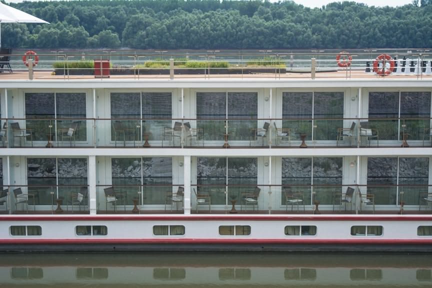The cool, shaded stateroom balconies aboard Viking Embla look tantalizing today, as the mercury climbs towards 40 degrees Celsius. Photo ©  2016 Aaron Saunders