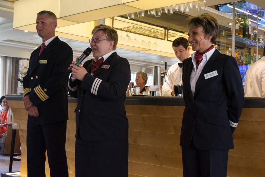 Tonight, it is time to say goodby to the Viking Embla. Captain Boris, Hotel Manager Katja and Program Manager Sonya bid us farewell with a toast. Photo ©  2016 Aaron Saunders